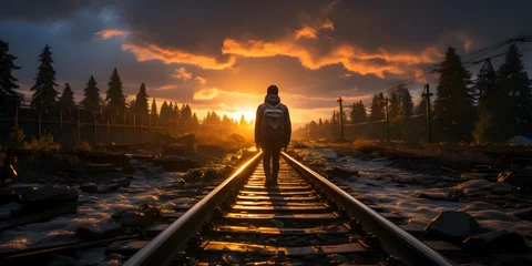 Poster Im Rahmen photo of someone walking on a railroad track © Hamsyfr