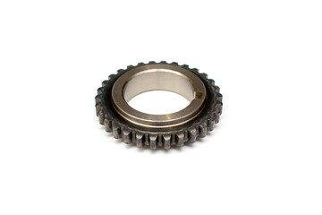 Car chain tensioner sprocket on isolated white background. New spare part. - obrazy, fototapety, plakaty