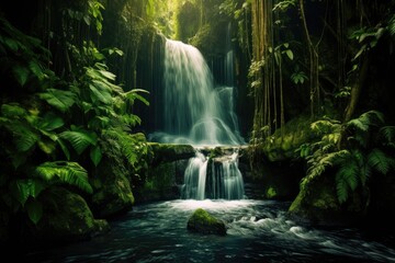 Cascading waterfall hidden in a tropical jungle