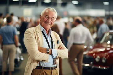 Charming mature man, cheerful grin, at a classic car auction.
