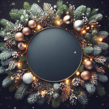 Christmas tree branches background with round blank copy space. ai generative