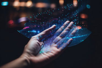 Fototapeta na wymiar Hand holding holographic graph of virtual data