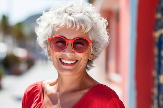 The portrait of a happy retired elderly woman smiling and laughing shot outdoors on a sunny day. Generative AI.