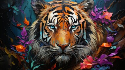 Animal head portrait painting of a tiger with colorful colors