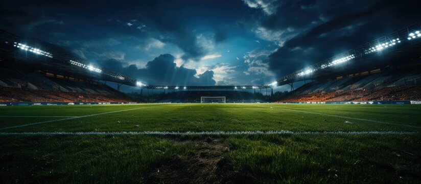 Portrait of a grass stadium illuminated by floodlights, at night