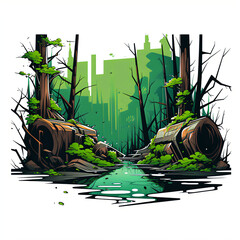 Flat Style Graffiti Illustration of Forest Scene with Bright and Dark Tones on White Background