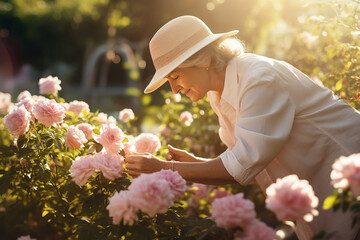 The portrait of a happy female elderly is picking up pink flowers at her garden in the morning. Generative AI.