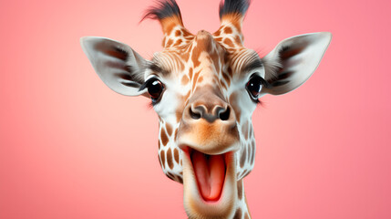 portrait of surprised giraffe on pink background, banner for sale or advertisement, promo action 