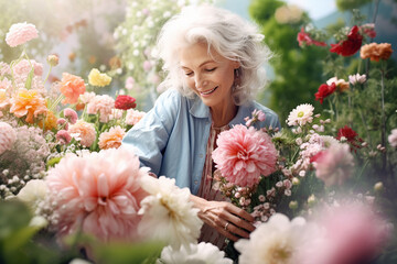 The portrait of a happy female elderly is picking up pink flowers at her garden in the morning. Generative AI. - obrazy, fototapety, plakaty