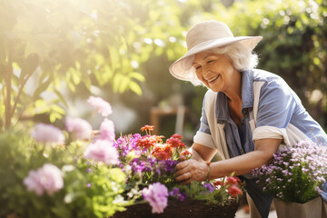 The portrait of a happy female elderly is picking up pink flowers at her garden in the morning. Generative AI.