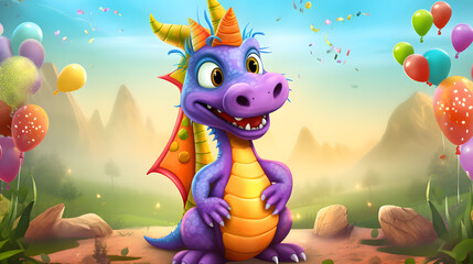 Colorful Animated Dragon Celebrating with Balloons in a Scenic Landscape.