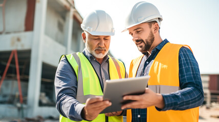 Two male architect on a building construction site use digital tablet pc. General worker discussing plan details.