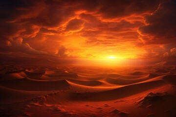 Golden sand dunes under a blazing sunset.