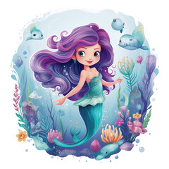 Collage und Illustration einer Meerjungfrau f&uuml;r Kinder mit Fischen und Muscheln und Meerespflanzen