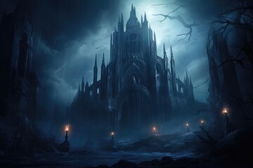 Gothic cathedral lit by ethereal moonlight.