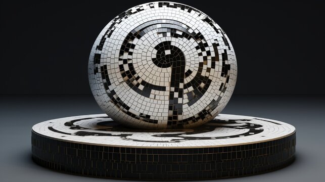 Mosaic podium featuring yin-yang designs in black and white.