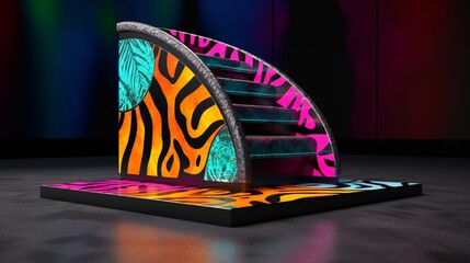 Mosaic podium featuring stylized animal prints like zebra and leopard but in bold, unexpected colors.