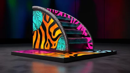 Stoff pro Meter Helix-Brücke Mosaic podium featuring stylized animal prints like zebra and leopard but in bold, unexpected colors.