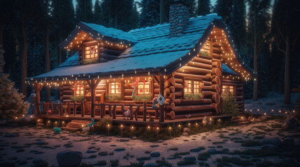 Amazing log house decorated of Christmas lights in magical forest with cartoon spruces and candy canes. Unusual Christmas 3d illustration postcard.
