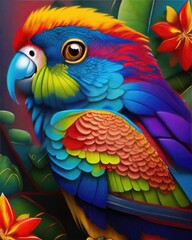 Obraz premium A colorful parrot with a red and yellow tail is sitting on a colorful background.