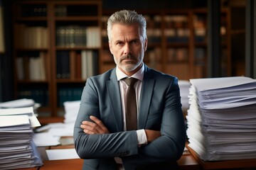 Middle-aged businessman looking at the camera while carrying files during a busy work time generative ai - obrazy, fototapety, plakaty