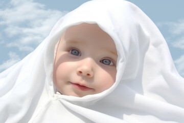 A baby peacefully rests on a white cloth blanket, basking in soft light, radiating a sense of joy and calmness. Generative AI.