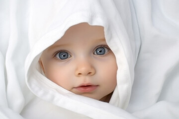 A baby peacefully rests on a white cloth blanket, basking in soft light, radiating a sense of joy and calmness. Generative AI.