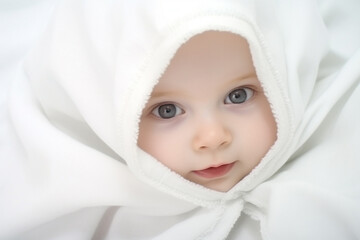 Fototapeta na wymiar A baby peacefully rests on a white cloth blanket, basking in soft light, radiating a sense of joy and calmness. Generative AI.