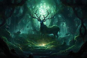 Mystical forest with magical creatures