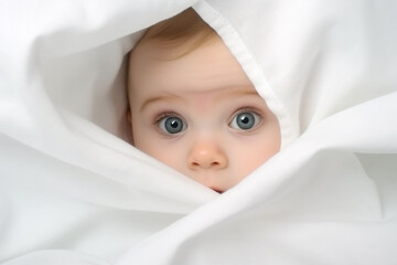 A infant baby girl serenely reclines on a white fabric blanket, bathed in gentle light, exuding an air of happiness and serenity.