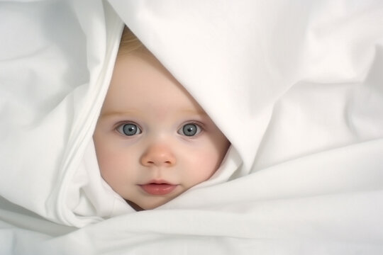 A infant baby girl serenely reclines on a white fabric blanket, bathed in gentle light, exuding an air of happiness and serenity.