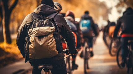 Riders with backpacks on bikes in urban environment. - obrazy, fototapety, plakaty