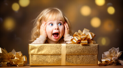 A young girl holding a gold gift box with surprise over it. - obrazy, fototapety, plakaty