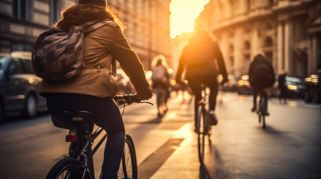Woman riding bicycle along the street at sunset.