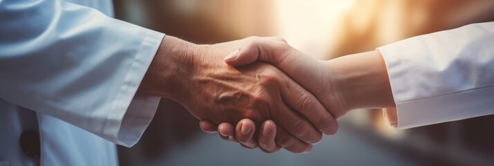 People shaking hands closeup, handshake between doctor and patient, blur hospital background