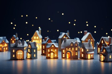 Miniature  gingerbread houses with lights on background. Christmas and New Year concept. Generative Ai