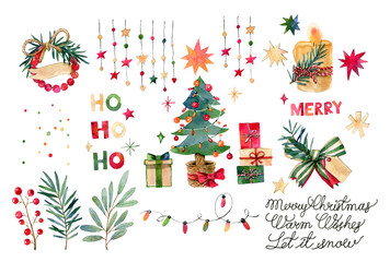 Watercolor hand drawn christmas decorations, with confetti, stars, christmas tree, presents, garland, and coniferous branches. Can be use as print, postcard, invitation, greeting card, element design.