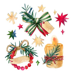 Watercolor hand drawn christmas decorations, with stars, fir branches, striped bow, tag, and candle. Can be use as print, postcard, invitation, greeting card, element design, label, tag, stickers.