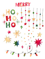 Watercolor hand drawn christmas decorations, with confetti, stars, garland. Can be use as print, postcard, invitation, greeting card, element design, label, tags, element design.