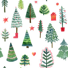 Watercolor christmas trees set with stars, garland and christmas toys. Can be use as print, postcard, invitation, greeting card, tag, label, textile design, template.