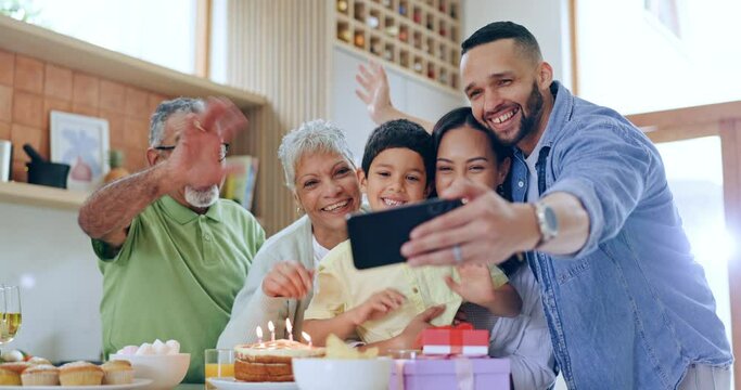 Birthday, party and family video call in home with social media, communication or photography. Happy, selfie or post memory of celebration online with child, parents or grandparents together in house