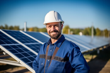 Happy solar technician skilled worker in renewable energy solar farm jobs, Electrician engineer at the installation of solar panels. Background with selective focus