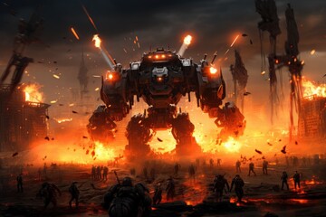 Sci-fi battlefield with robots and lasers