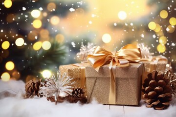 Christmas gift box with golden bow on bokeh lights background. Generative Ai
