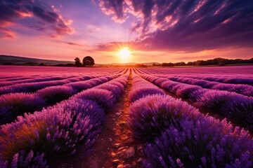 Sunlit blooming lavender fields at dusk.