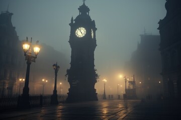 Timeless clock tower in a foggy city square.