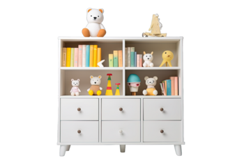 Children Wooden Drawers Bookshelf With White Unit Cabinet Storage on transparent background