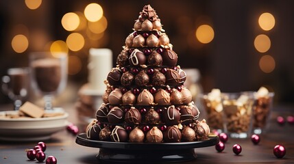 Chocolates are folded in the shape of a Christmas tree. Festive decor for a pastry shop. Banner with free space for copy space. Bokeh of garlands