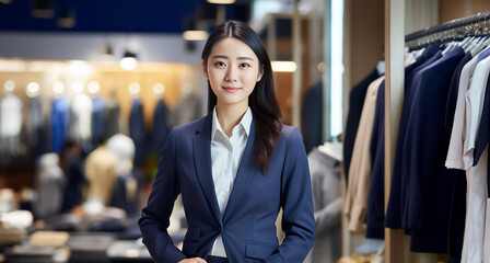 Fototapeta na wymiar A stylish Asian businesswoman with a beautiful appearance is trying on a tailored suit that perfectly suits her in a suit shop. Generative AI.