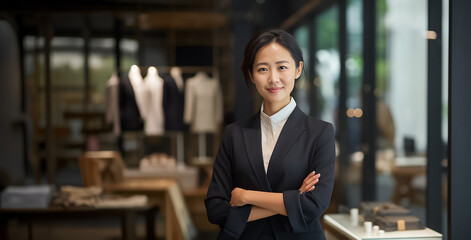 A stylish Asian businesswoman with a beautiful appearance is trying on a tailored suit that perfectly suits her in a suit shop. Generative AI.